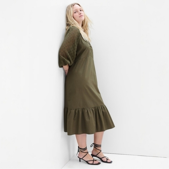 Gap Lace Sleeve Army Jacket Green Ruffle Cotton Midi Dress - Picture 2 of 15